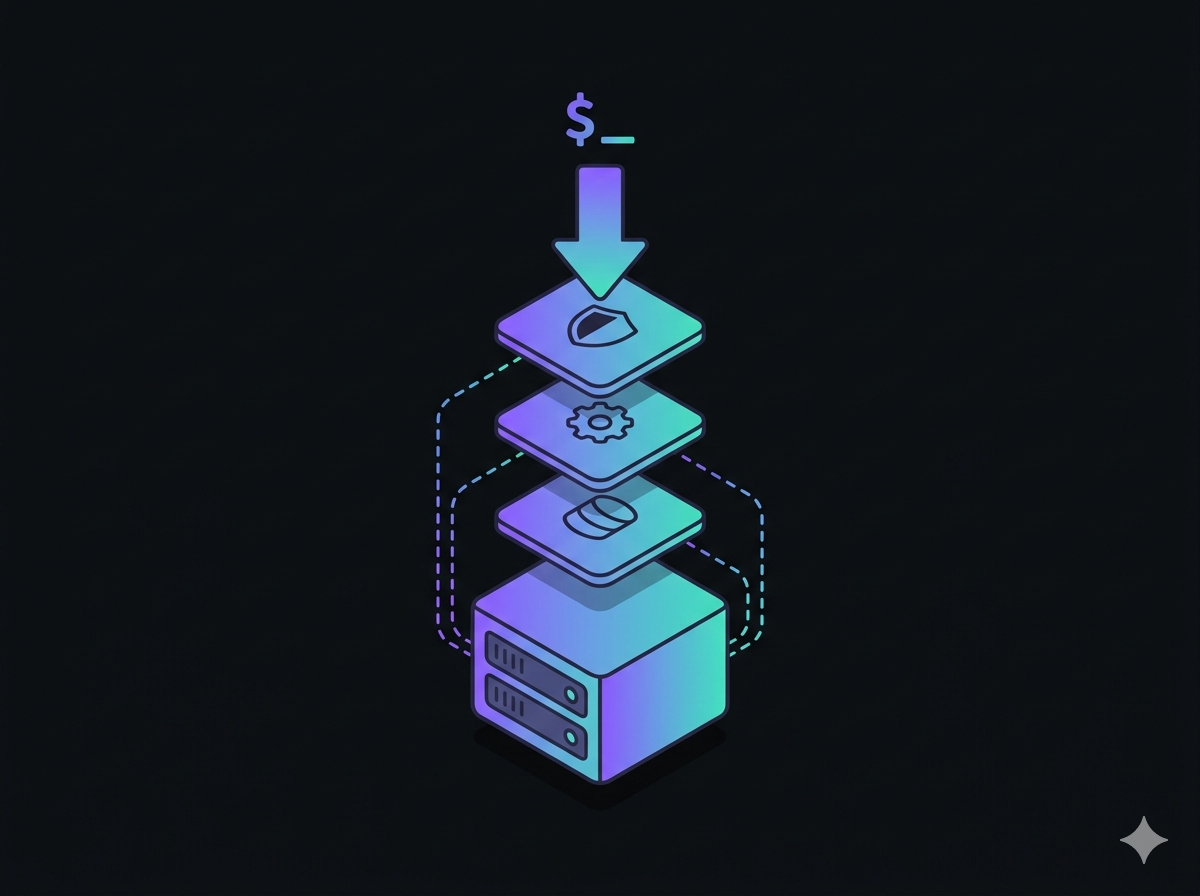 An arrow labeled with a dollar-sign terminal prompt dropping into a stacked server, gear, and shield, representing one command deploying the whole stack